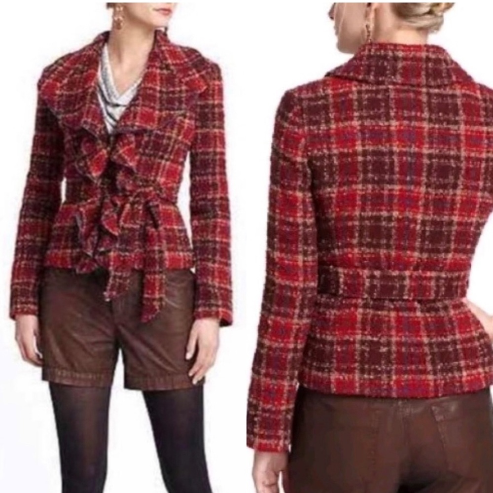 Anthropologie Red Plaid Tweed Ruffle Front Blazer by Tabitha Sz 4